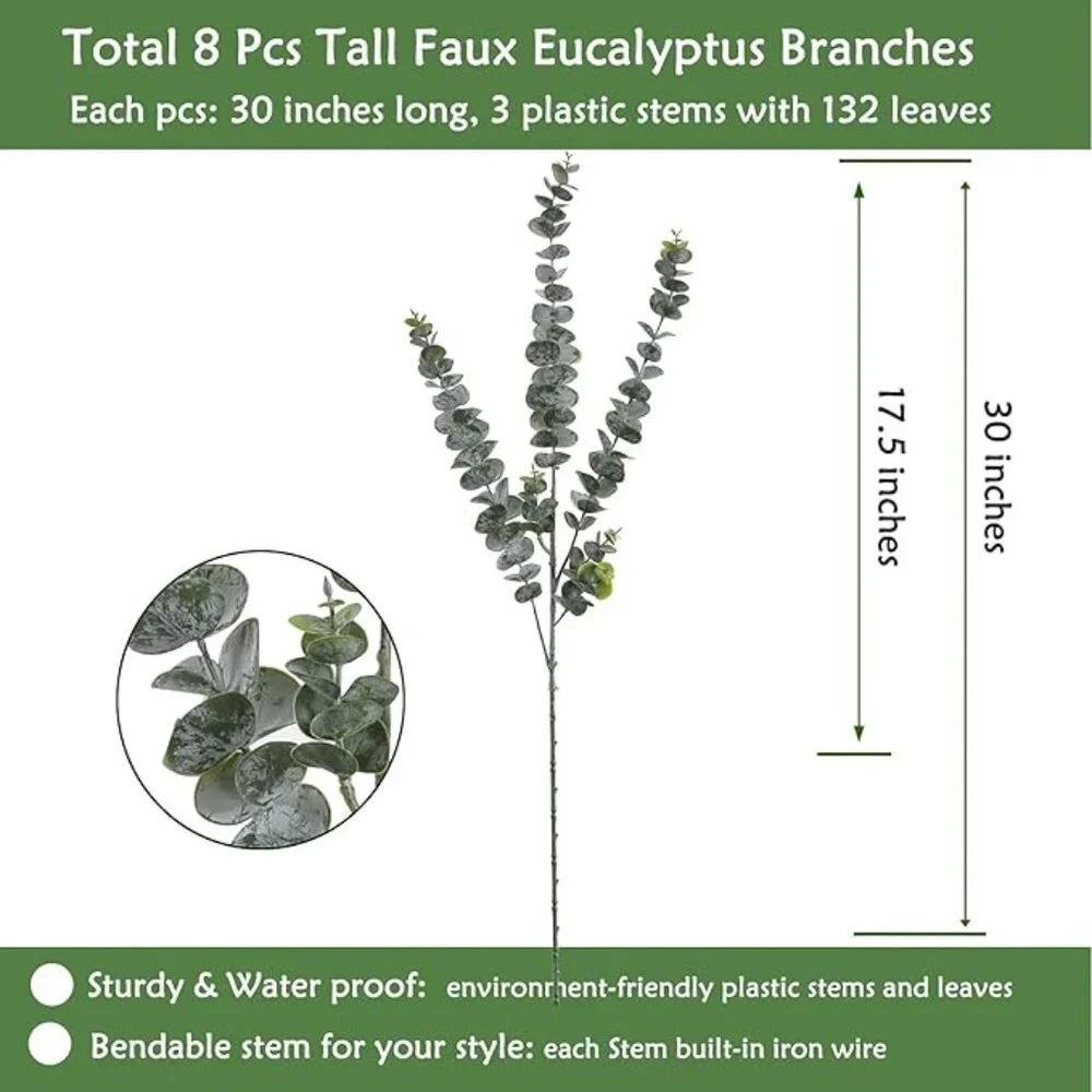 Naidiler Faux Eucalyptus Branches | 8 Pcs Artificial Greenery Stems | NEW